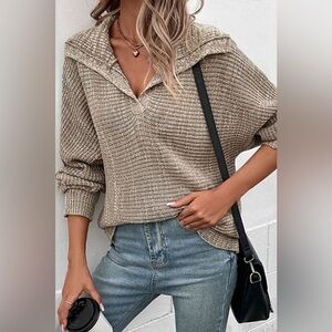 Heathered Horizontal-Ribbing Pullover Sweater Oatmeal